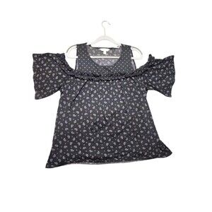 Lauren Conrad Women’s Blouse XL Black White Print Cold Shoulder Top